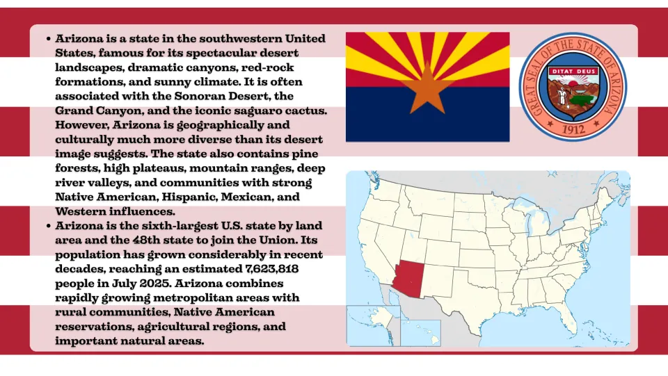 Arizona introduction slide describing desert landscapes, cultural diversity, population, and statehood.