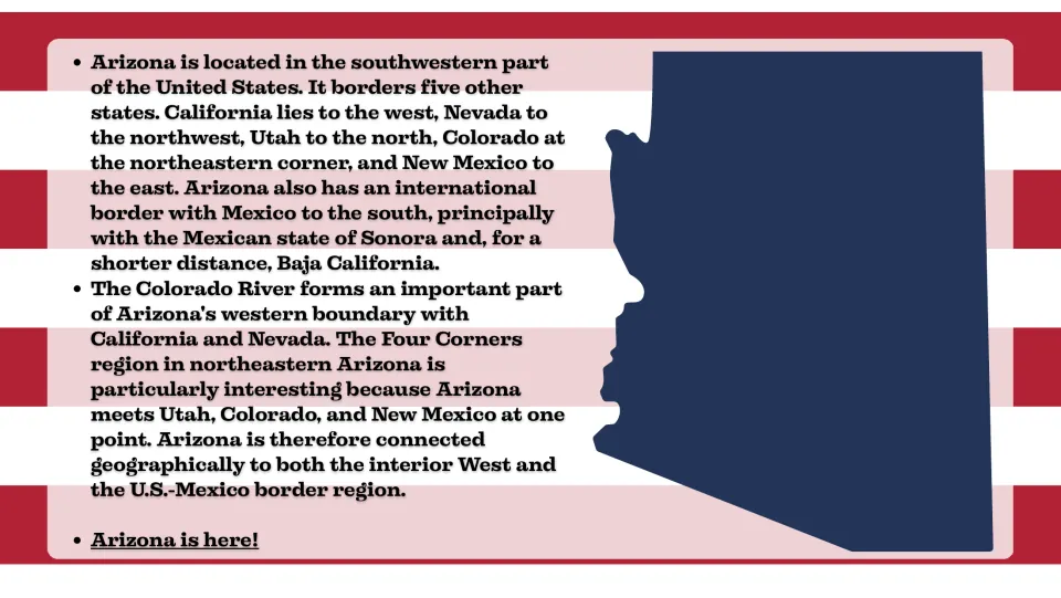 Arizona location slide explaining neighboring states, the border with Mexico, and the Four Corners region.