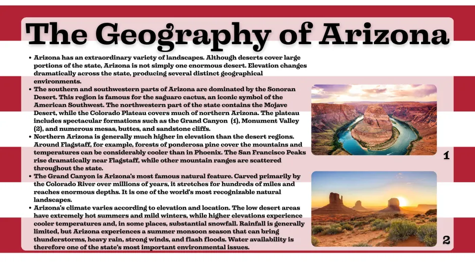 Arizona geography slide covering deserts, the Colorado Plateau, northern forests, the Grand Canyon, and climate.