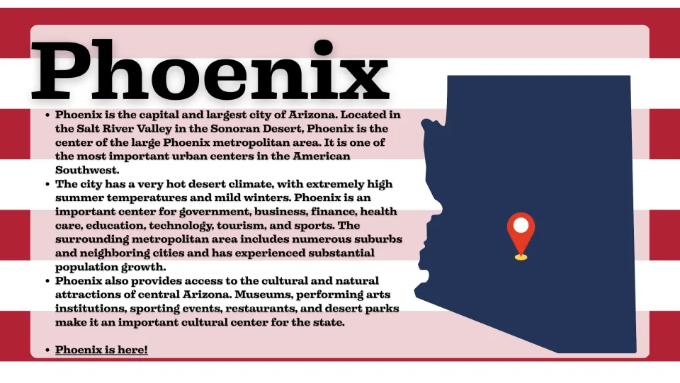 Phoenix city profile slide describing Arizona's capital, desert climate, economy, and cultural attractions.