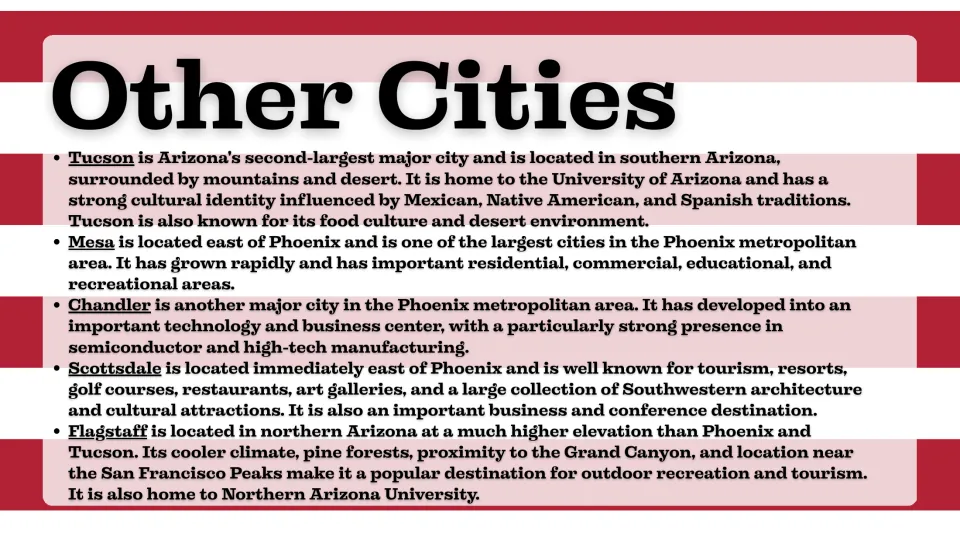 Arizona cities slide profiling Tucson, Mesa, Chandler, Scottsdale, and Flagstaff, including their major features.