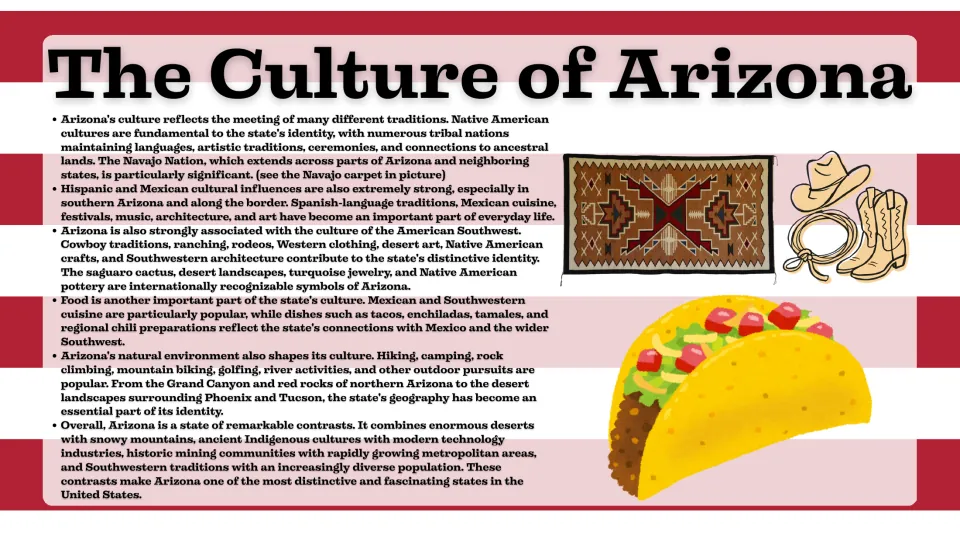 Arizona culture slide discussing Native American traditions, Mexican influences, cowboy culture, and food.