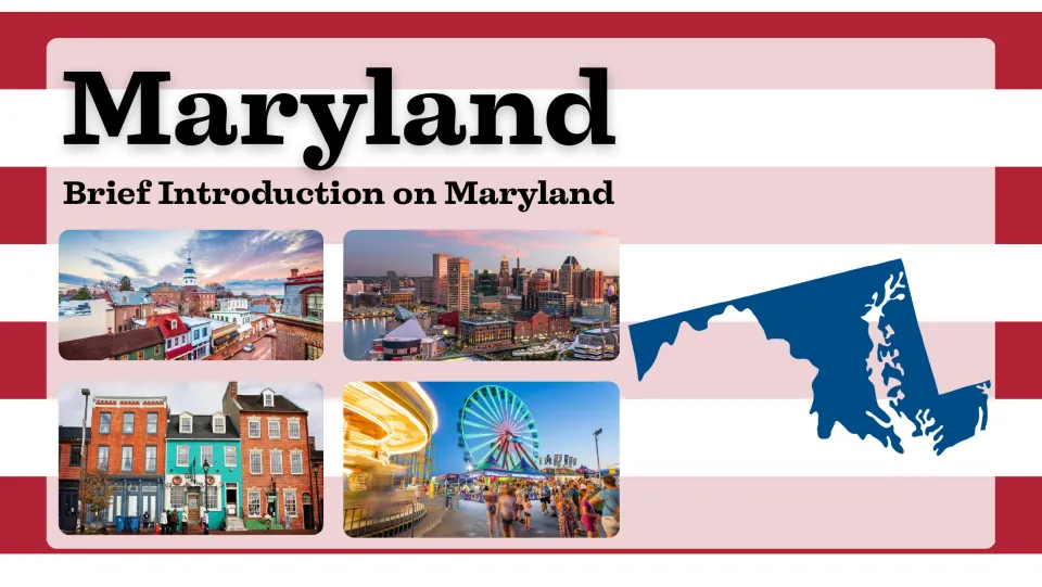 Presentation cover introducing Maryland with photos of cities and a waterfront amusement park, plus a state map