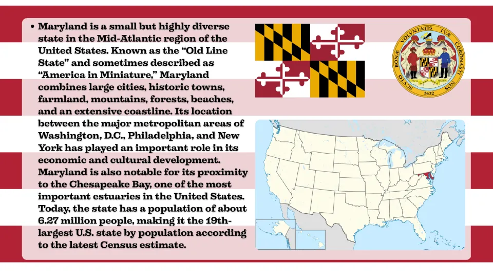 Introduction slide describing Maryland's Mid-Atlantic location, nicknames, population, flag, and state seal