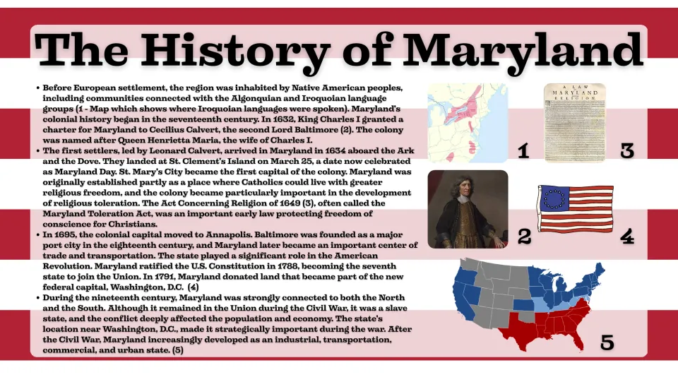 History slide tracing Maryland's Native peoples, colonial settlement, religious toleration, and Civil War era