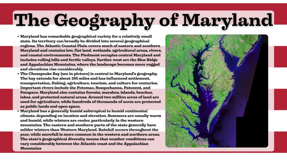 Geography slide explaining Maryland's land regions, Chesapeake Bay, rivers, natural areas, and climate