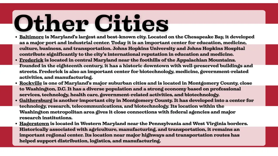 Other cities slide profiling Baltimore, Frederick, Rockville, Gaithersburg, and Hagerstown in Maryland