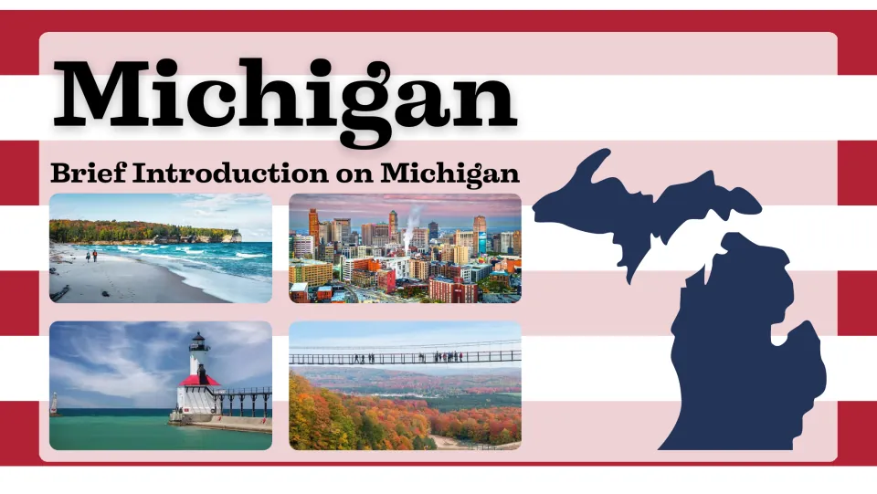 Michigan presentation cover introducing the state with a silhouette and photos of its scenery and cities