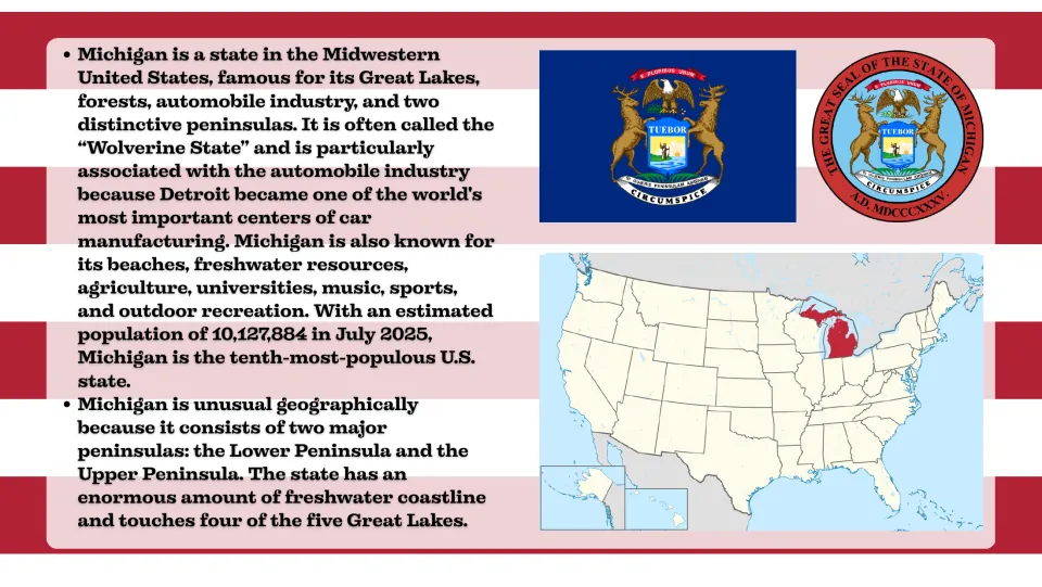 Introduction slide on Michigan's Great Lakes, automobile industry, population, and two peninsulas
