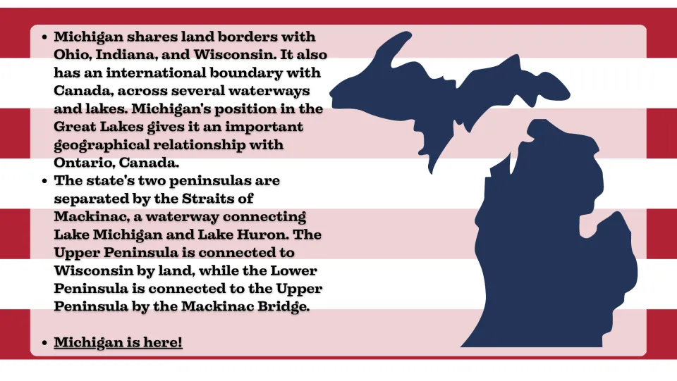 Location slide explaining Michigan's borders, Canadian boundary, Straits of Mackinac, and Mackinac Bridge