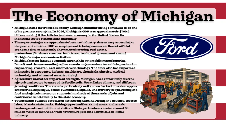 Economy slide covering Michigan's manufacturing, automobile production, agriculture, tourism, and recreation