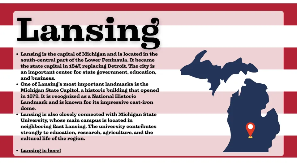 Capital city slide introducing Lansing, the Michigan State Capitol, and nearby Michigan State University