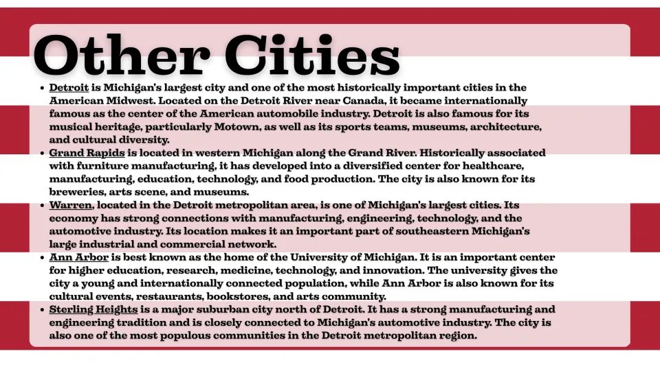 Cities slide profiling Detroit, Grand Rapids, Warren, Ann Arbor, and Sterling Heights and their industries