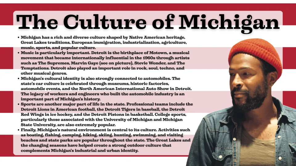 Culture slide exploring Michigan's Native heritage, Motown music, automobile traditions, sports, and outdoor life