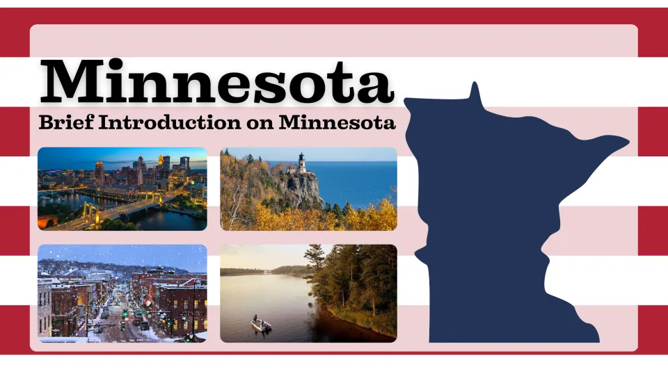 Minnesota presentation cover introducing the state with city and lake photos and a state silhouette