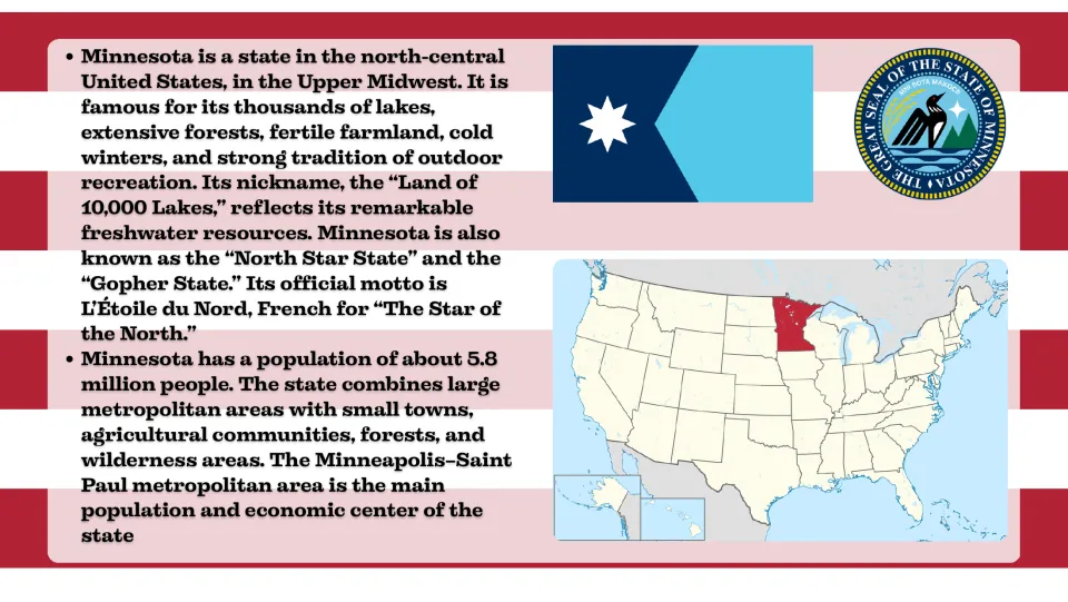 Introduction slide explaining Minnesota's location, nicknames, motto, population, and Twin Cities region