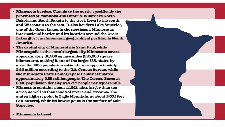 State overview slide covering Minnesota's borders, capital, area, population, lakes, and highest point