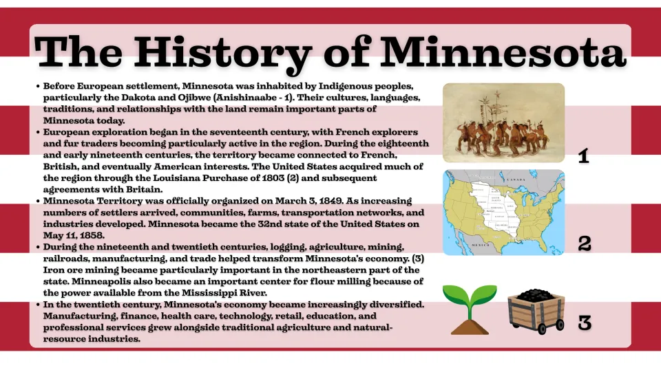 History slide tracing Minnesota from Dakota and Ojibwe communities through statehood and economic growth