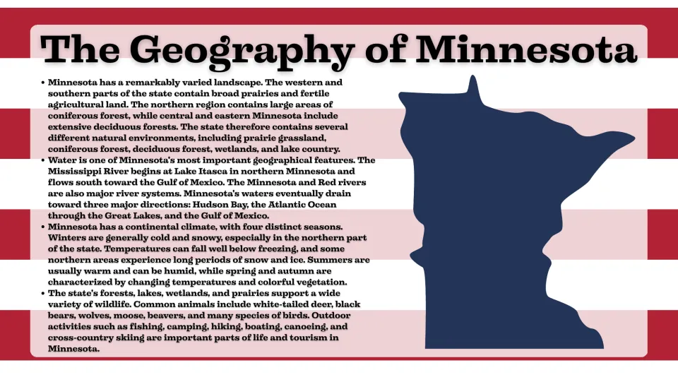 Geography slide describing Minnesota's prairies, forests, rivers, seasonal climate, wildlife, and recreation