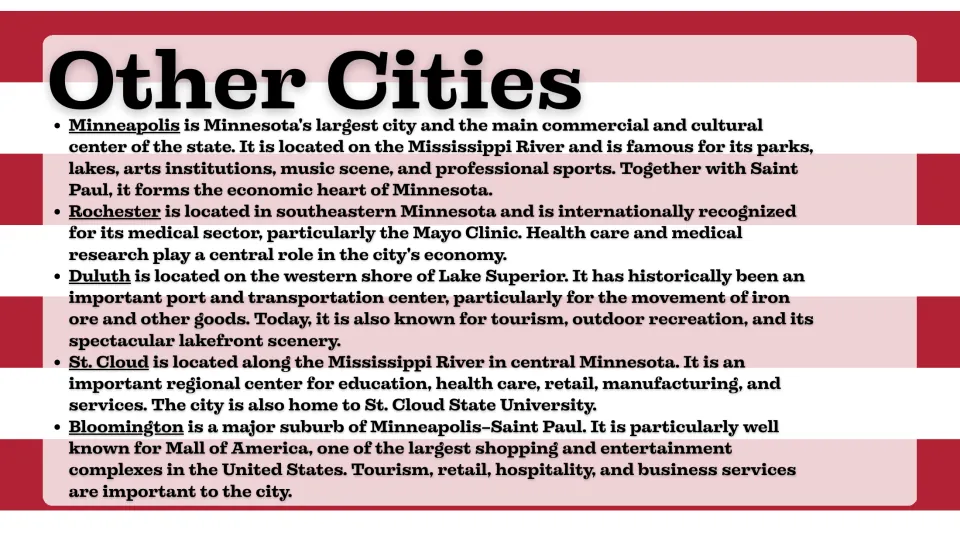 Other cities slide profiling Minneapolis, Rochester, Duluth, St. Cloud, and Bloomington in Minnesota