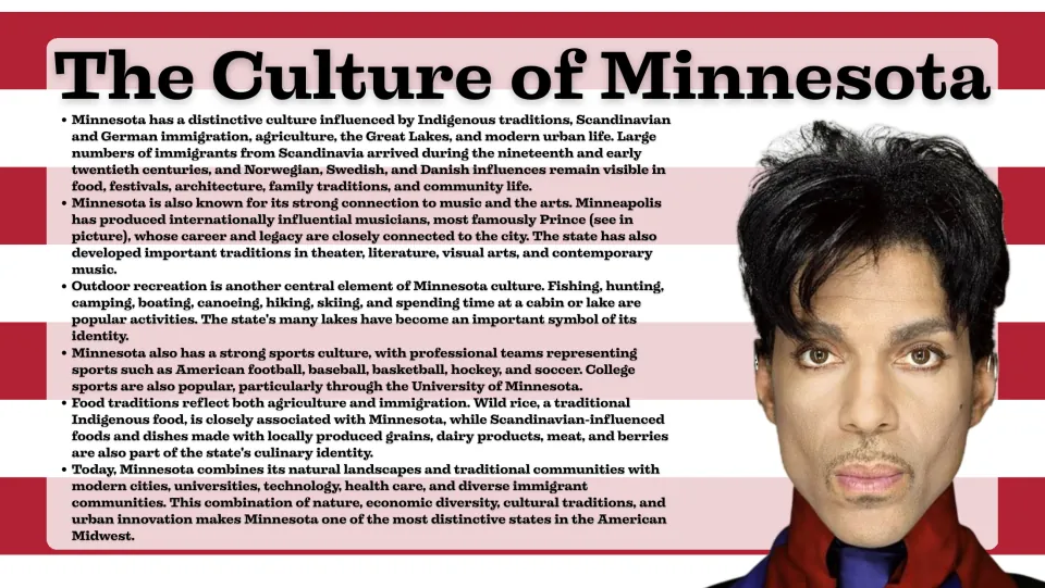 Culture slide exploring Minnesota's Indigenous and immigrant influences, music, recreation, sports, and food