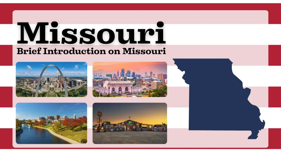 Missouri presentation cover introducing the state with landmark photographs and a state silhouette