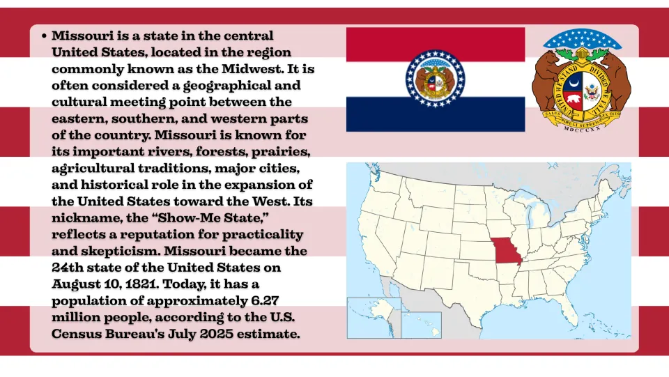 Introduction slide locating Missouri in the Midwest and explaining its nickname, statehood, and population