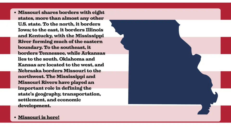 State borders slide naming Missouri's eight neighboring states and describing its two major rivers