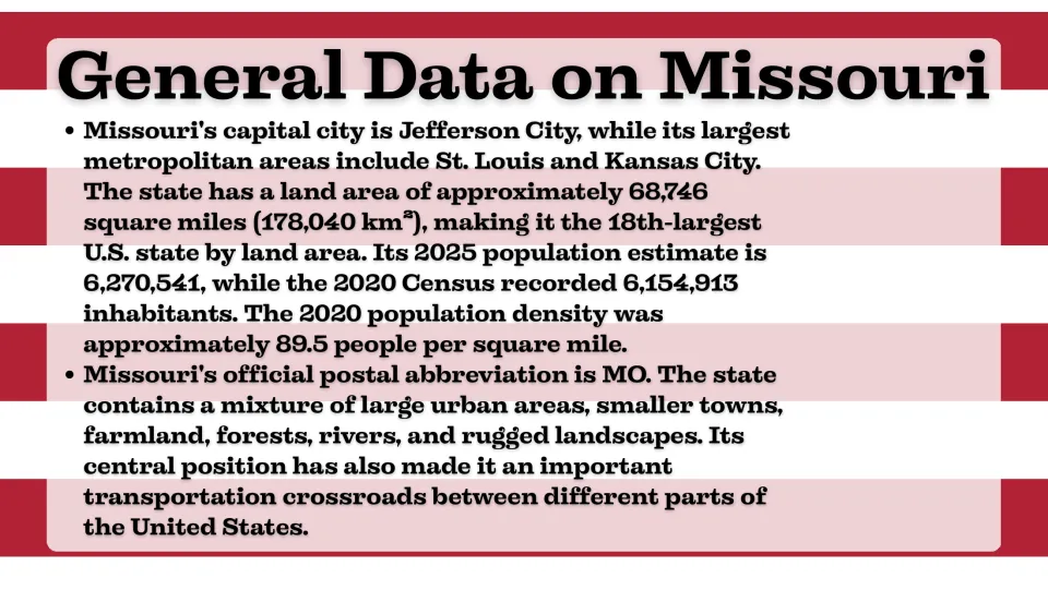 General data slide detailing Missouri's capital, land area, population, density, and postal abbreviation