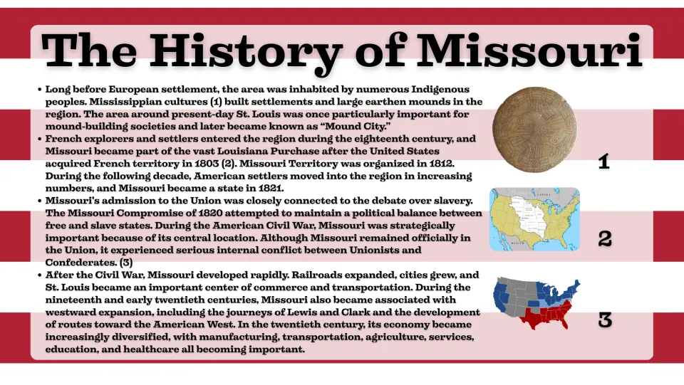 History slide tracing Missouri's Indigenous settlements, Louisiana Purchase, statehood, and Civil War