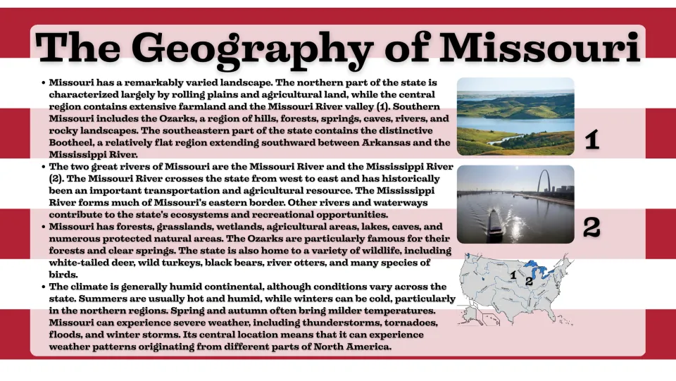 Geography slide describing Missouri's plains, Ozarks, Bootheel, major rivers, wildlife, and climate
