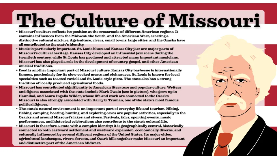 Culture slide exploring Missouri's regional influences, blues, jazz, barbecue, writers, and outdoor recreation