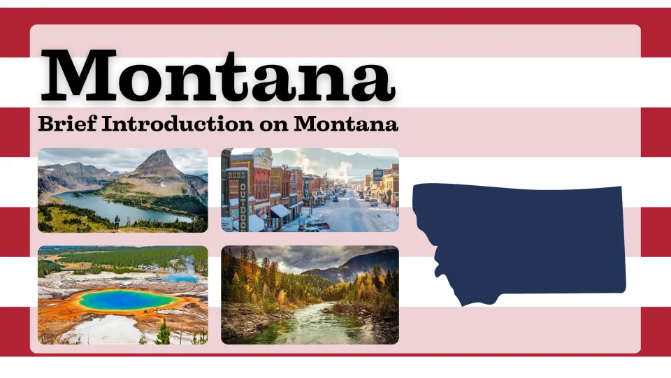 Montana presentation cover titled 'Brief Introduction on Montana,' with landscape photos and a state silhouette
