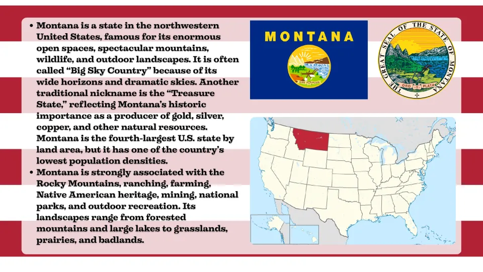 Introduction slide explaining Montana's Big Sky Country and Treasure State nicknames, with a U.S. location map