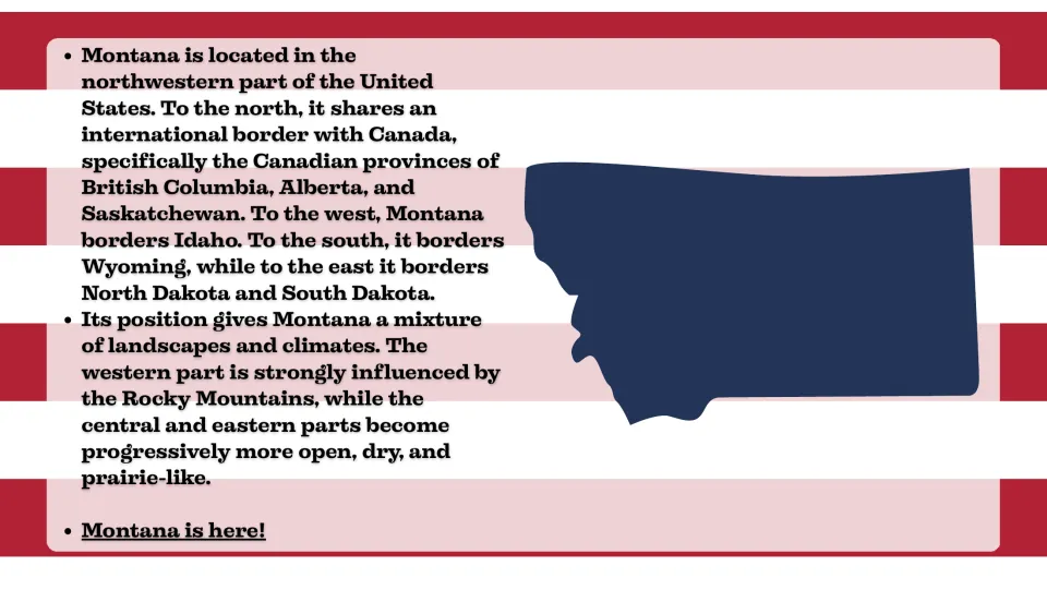 Location slide naming Montana's Canadian and U.S. neighbors and contrasting western mountains with eastern prairies