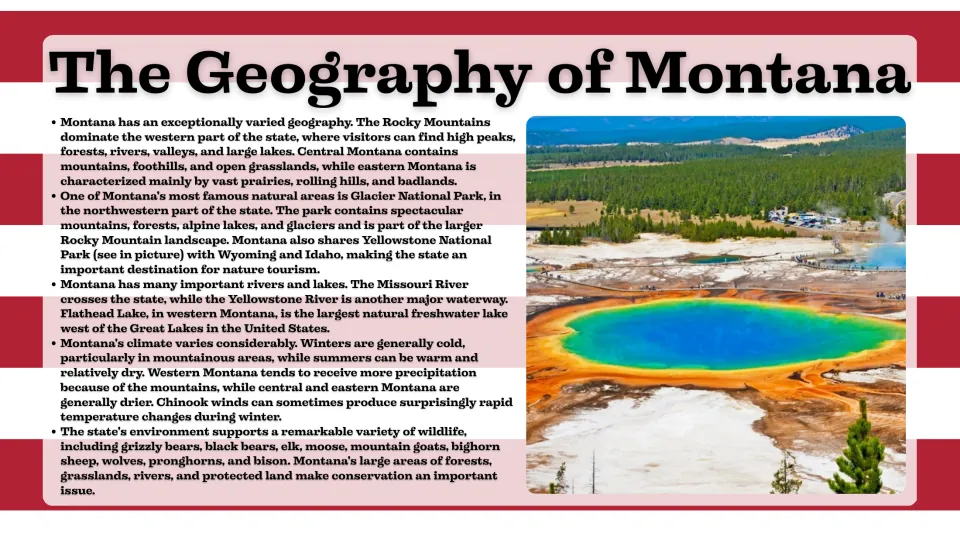 Geography slide covering Montana's Rocky Mountains, Glacier and Yellowstone parks, rivers, climate, and wildlife