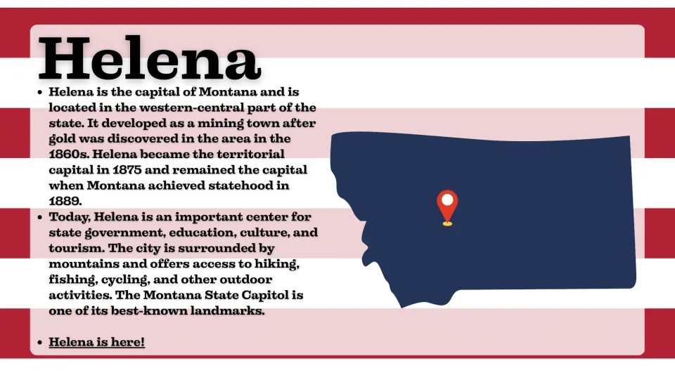 Helena slide explaining Montana's capital city, its gold mining origins, government role, and location on a state map