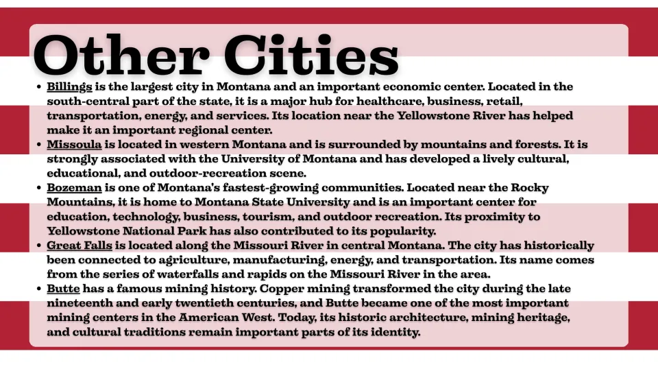 Other cities slide introducing Billings, Missoula, Bozeman, Great Falls, and Butte through their roles and history