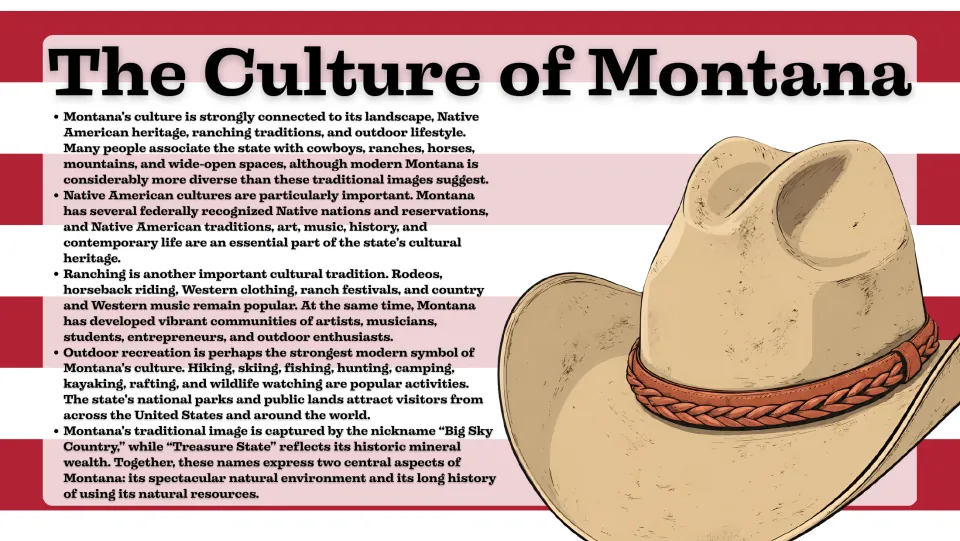 Culture slide describing Montana's Native American heritage, ranching traditions, outdoor recreation, and nicknames