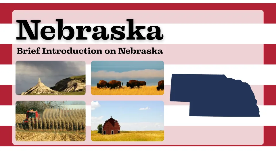 Presentation cover introducing Nebraska with photos of a rock formation, bison, farming, and a barn