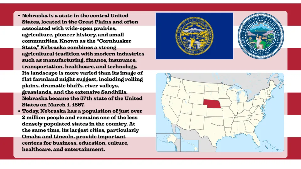 Introduction slide on Nebraska's Great Plains location, statehood, population, flag, and state seal