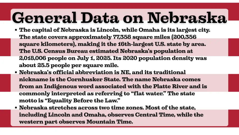 General data slide listing Nebraska's capital, area, population, abbreviation, nickname, motto, and time zones