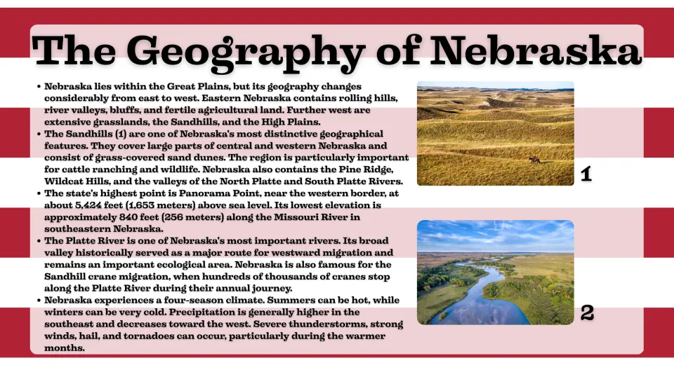 Geography slide describing Nebraska's Sandhills, elevation extremes, Platte River, crane migration, and climate