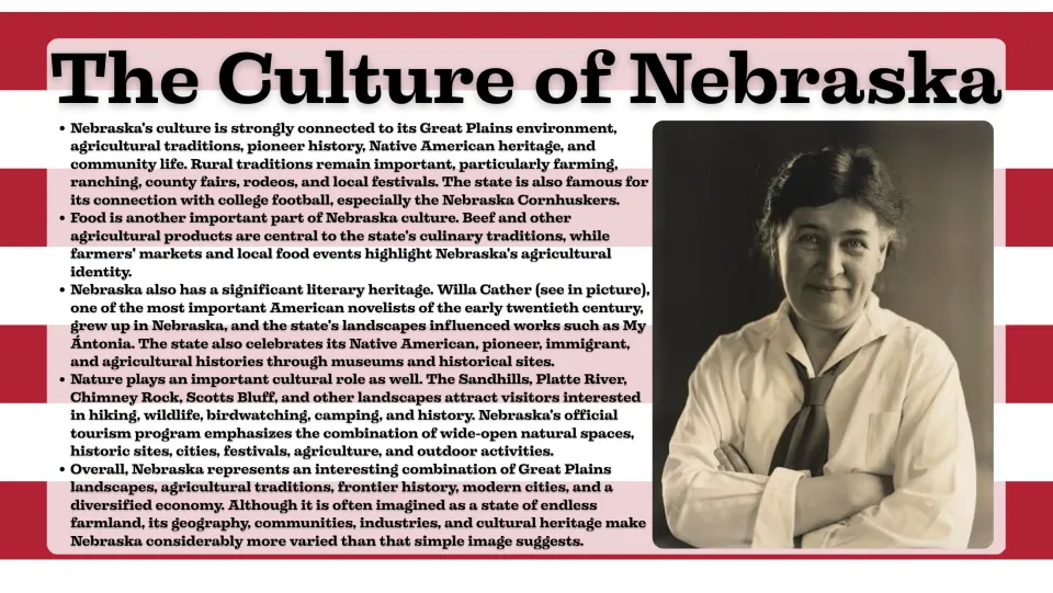 Culture slide covering Nebraska's rural traditions, food, Willa Cather, historic sites, and outdoor attractions
