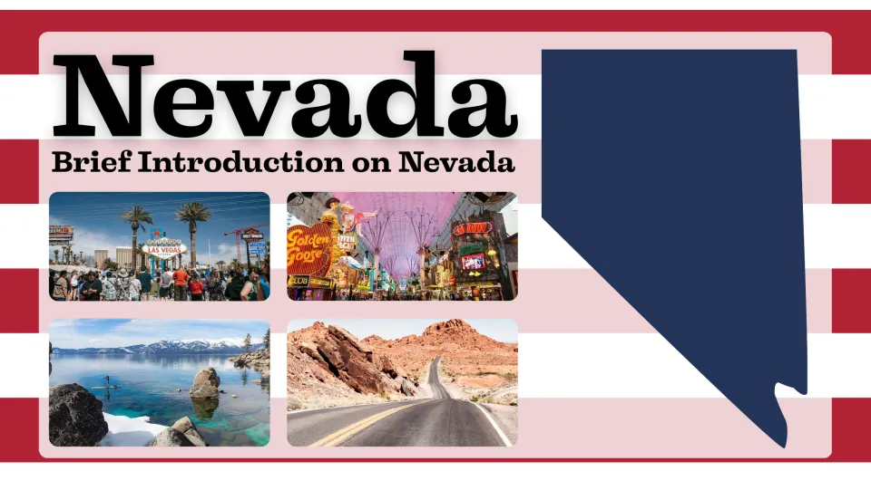 Presentation cover introducing Nevada with a state silhouette and photos of Las Vegas, a lake, and desert scenery