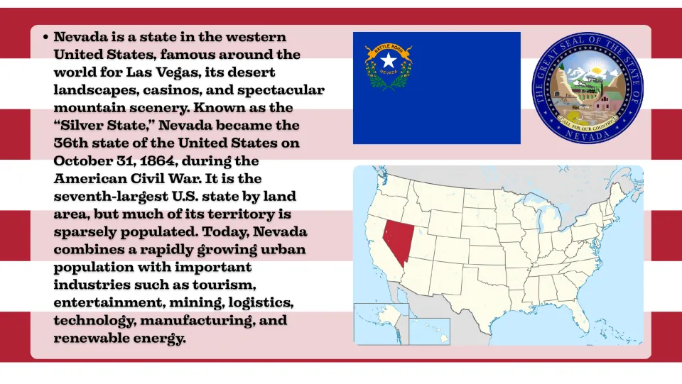 Introduction slide on Nevada's Silver State nickname, 1864 statehood, and industries, with a U.S. locator map