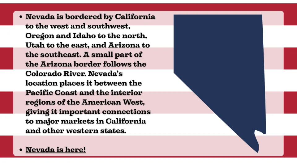 Location slide naming Nevada's neighbors: California, Oregon, Idaho, Utah, and Arizona, with a state silhouette