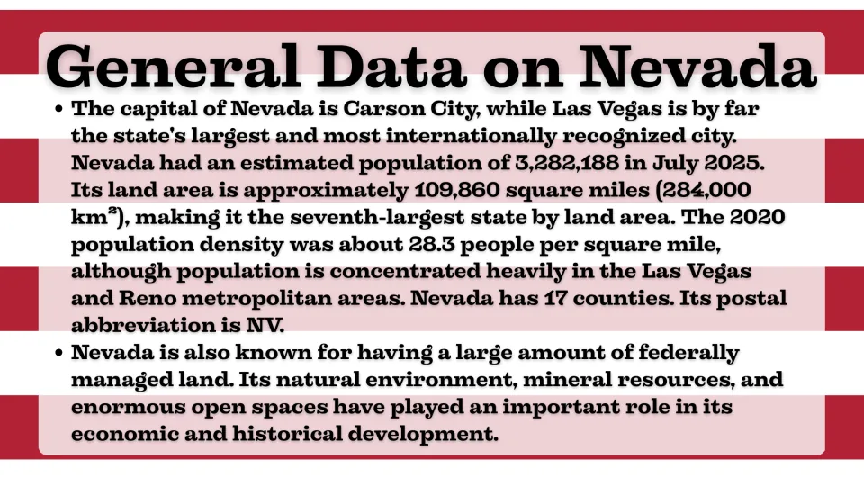 General data slide covering Nevada's capital, population, land area, population density, and abbreviation NV