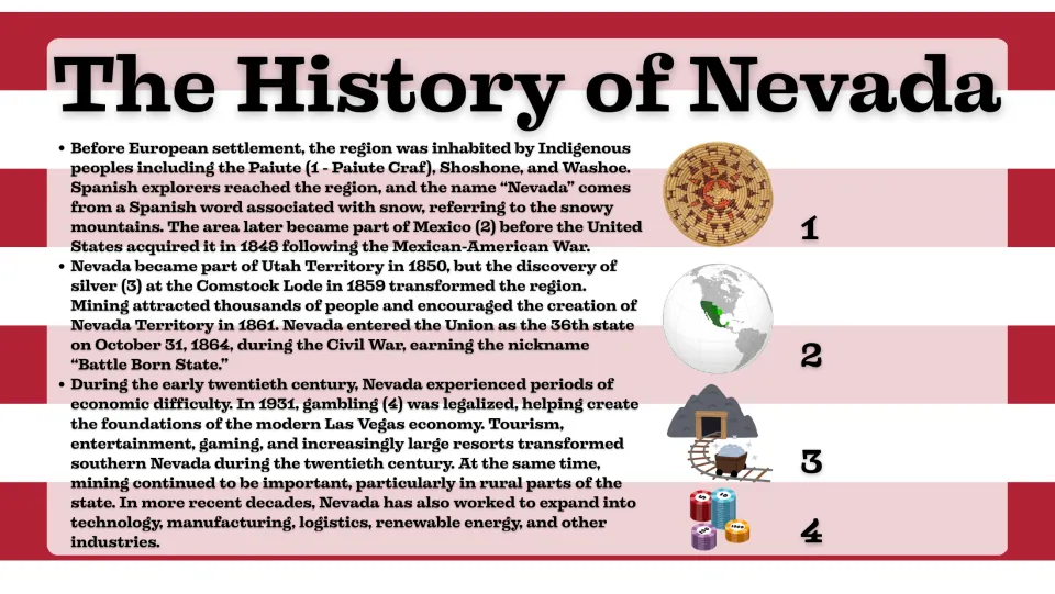 History slide tracing Nevada's Indigenous peoples, Mexican rule, Comstock silver discovery, and 1864 statehood