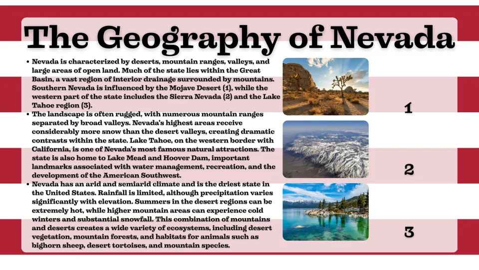 Geography slide explaining Nevada's Great Basin, Mojave Desert, Sierra Nevada, Lake Tahoe, and dry climate